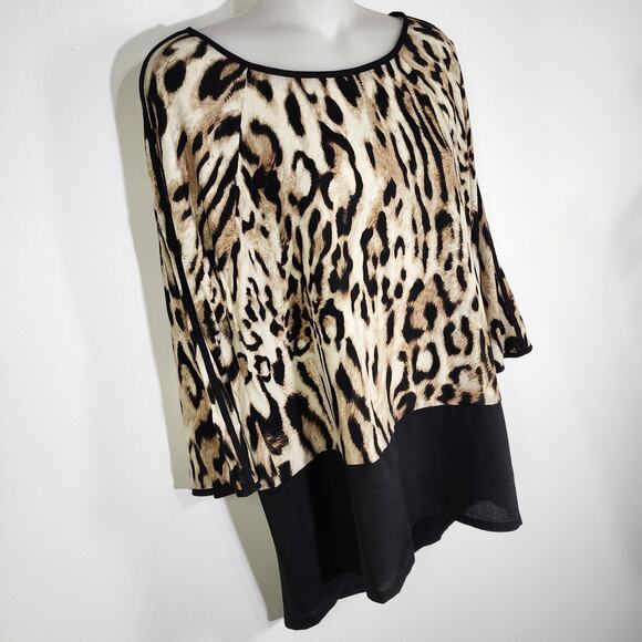 Chicos Leopard Chic Knit Tunic Top Medium Black Panel Hem 3/4 Sleeve Mixed Media - Picture 4 of 12